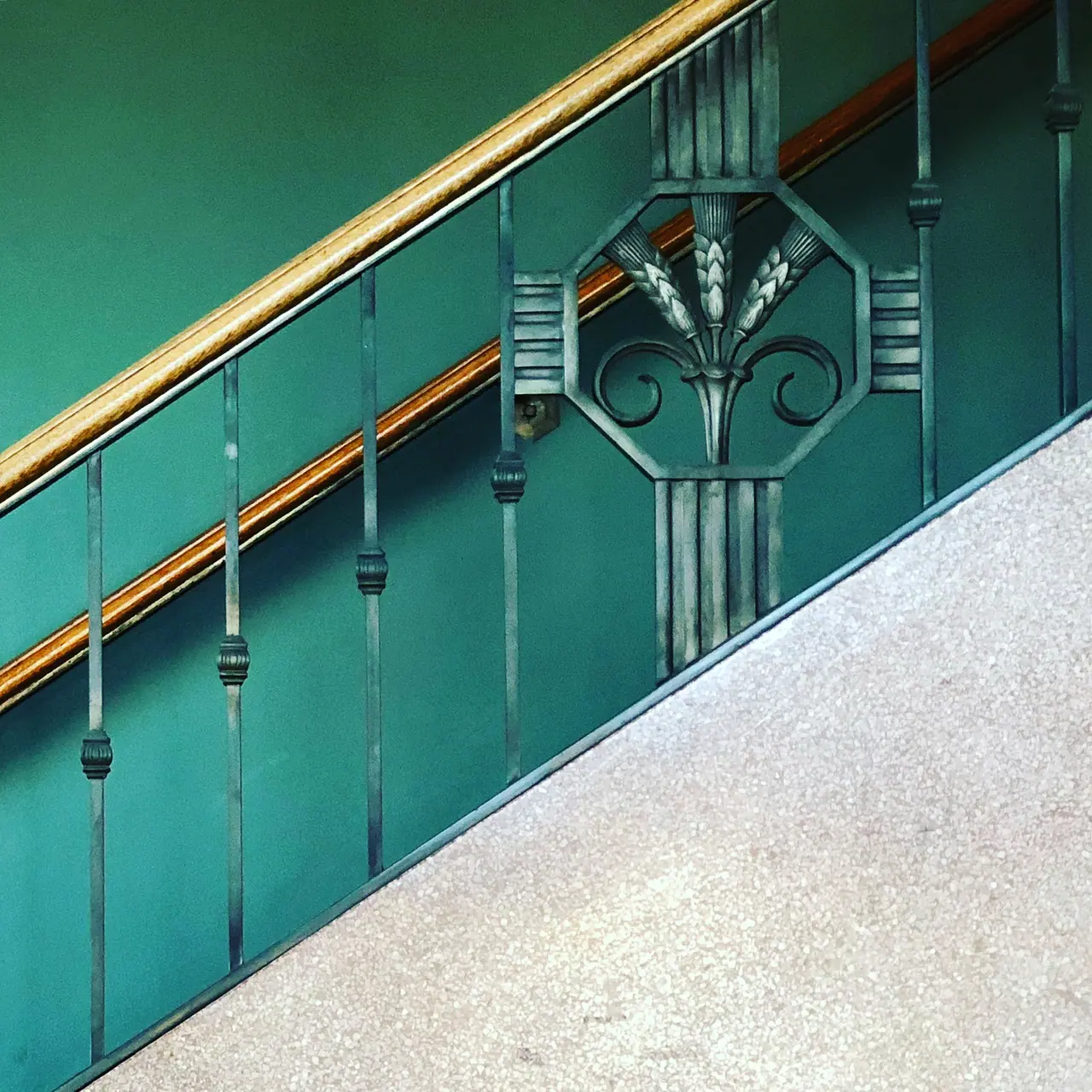 Decorative stair rails at Helms Bakery.