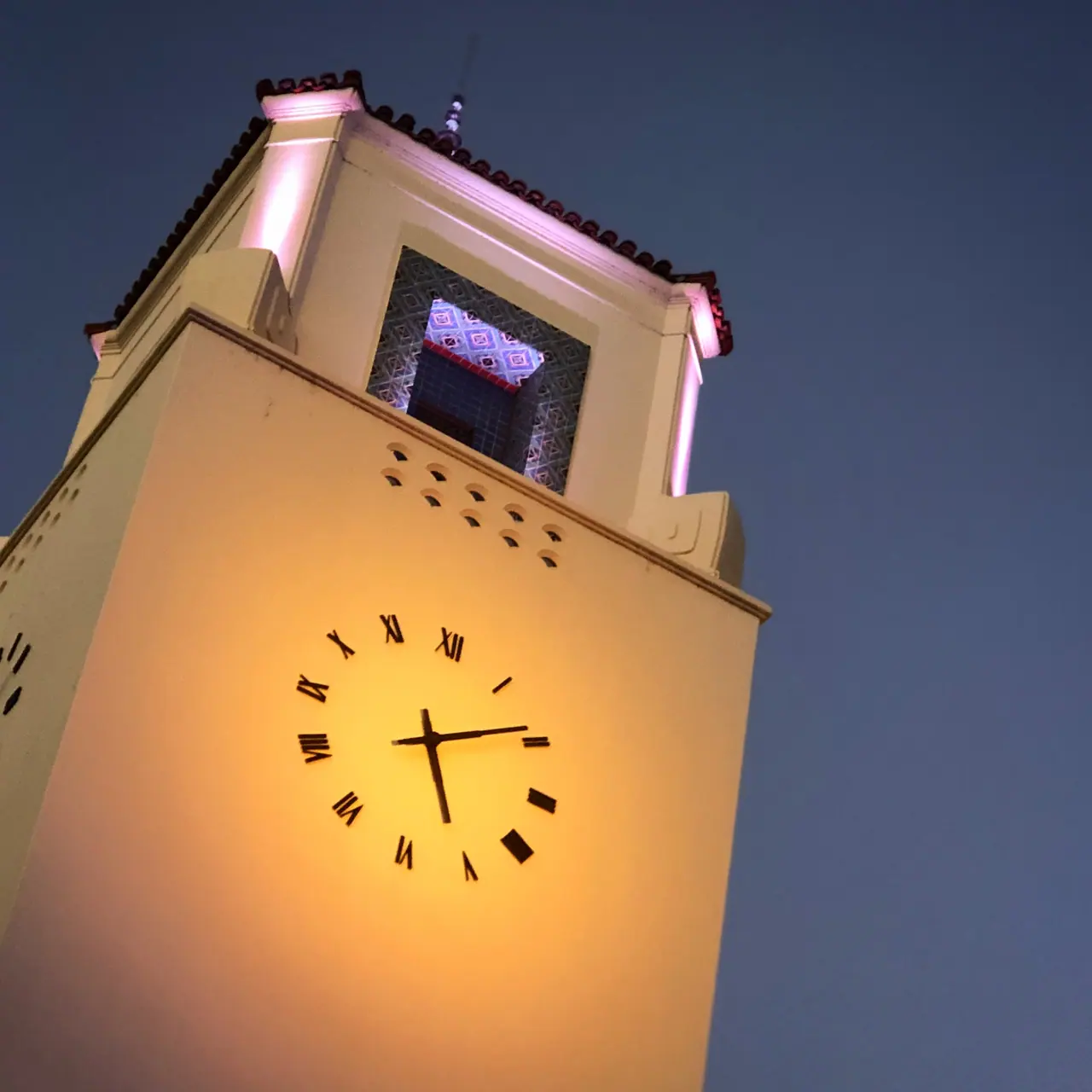 The illuminated clock tower at Union Station.