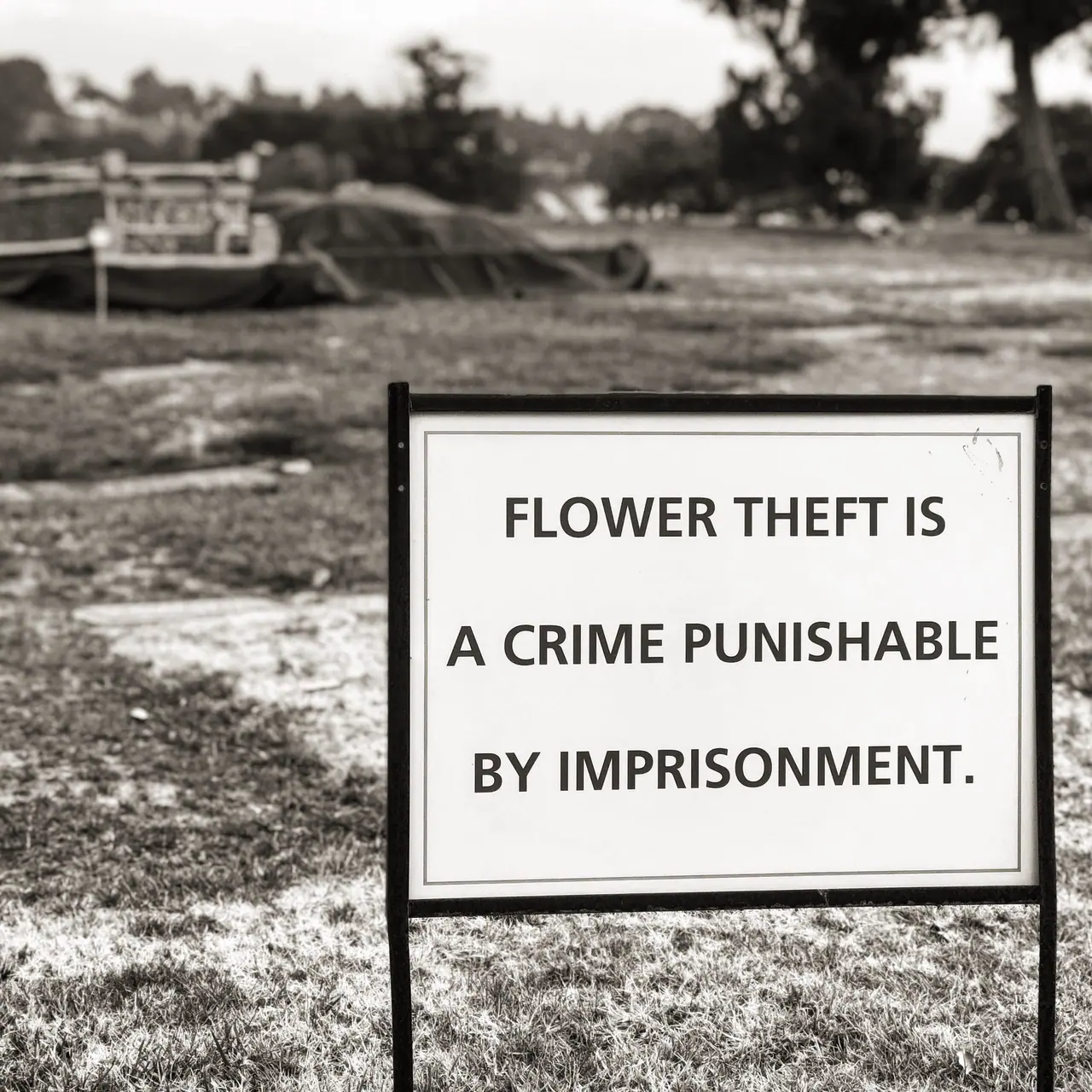 A warning against flower theft at Hollywood Forever Cemetery.