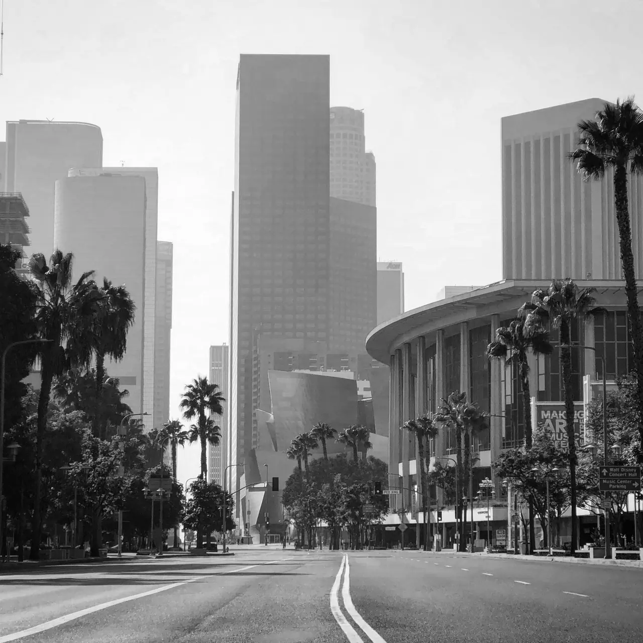An empty boulevard in downtown Los Angeles.