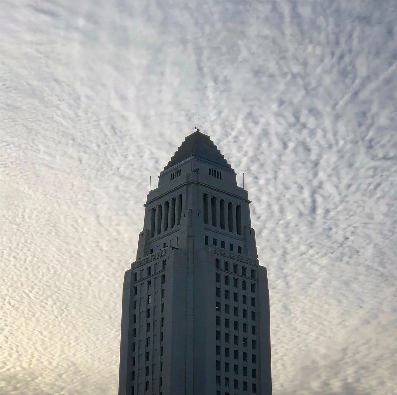 Patterned clouds above Los Angeles City Hall.