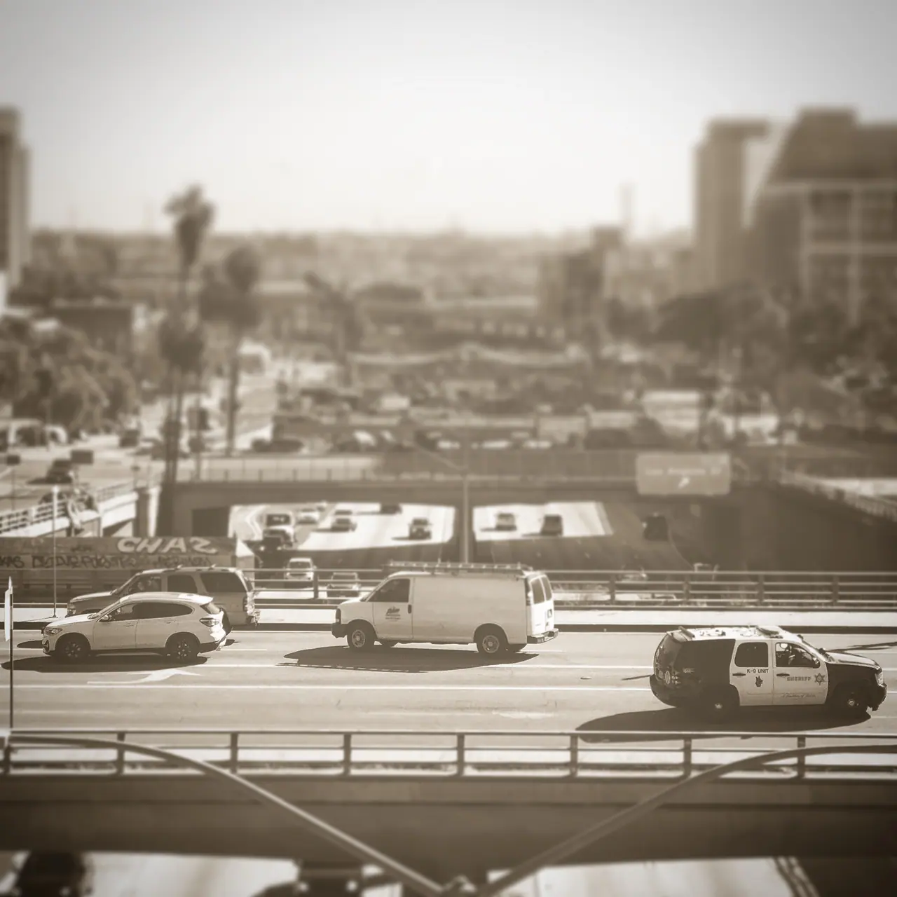 Traffic crossing the 101 freeway in Los Angeles.