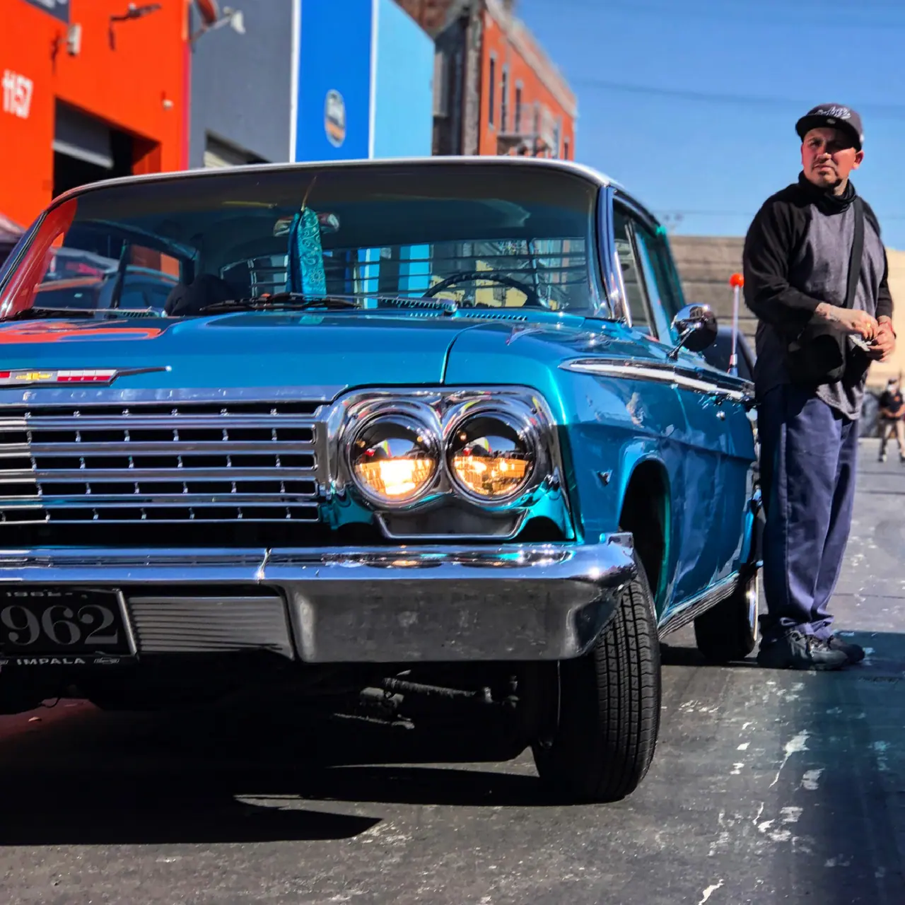 A classic blue car on 14th Street in downtown Los Angeles.