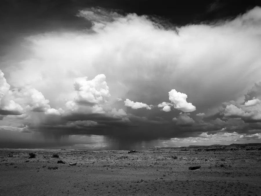 Rain falling from a towering storm cloud over an open desert plain.