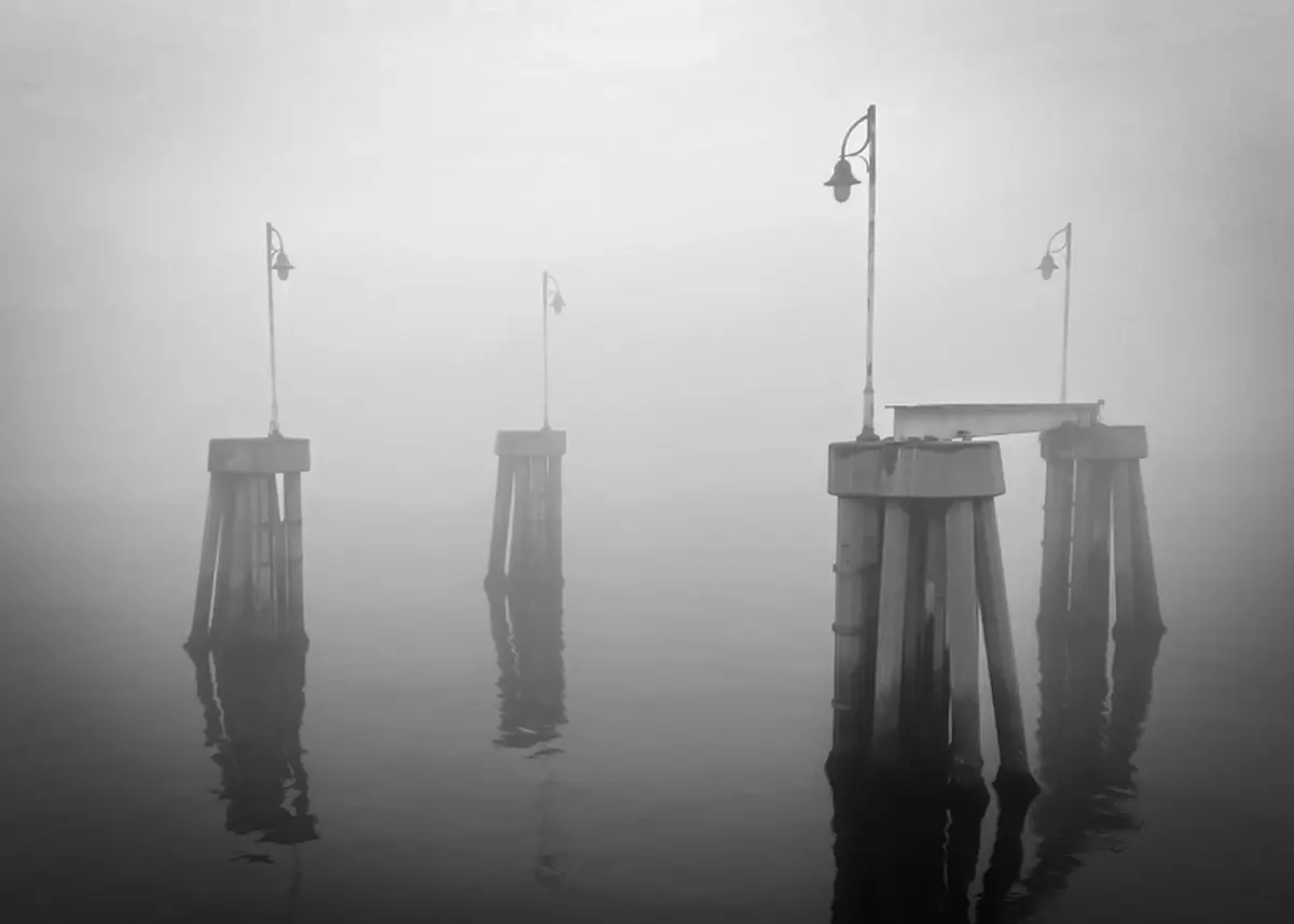 Belmont Pier pilings in coastal fog.