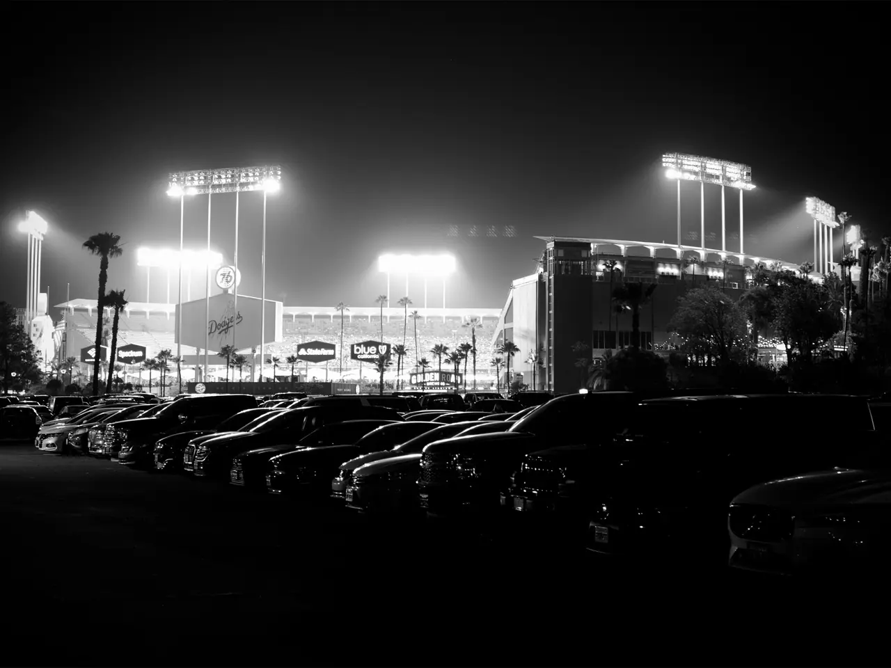 Stadium floodlights glowing beyond parked cars at night.