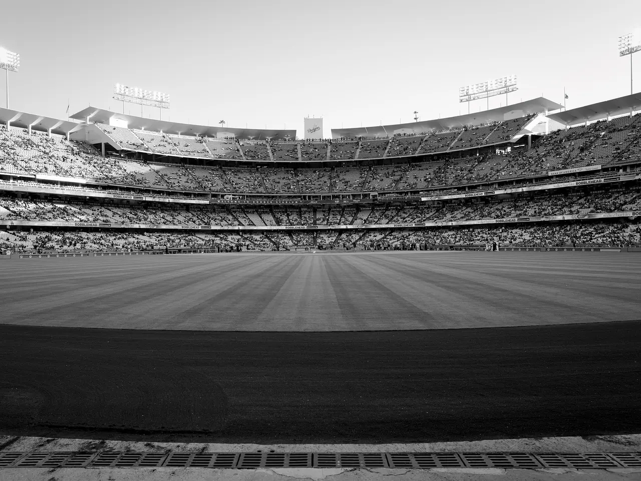 The view across the outfield toward the stands at Dodger Stadium.