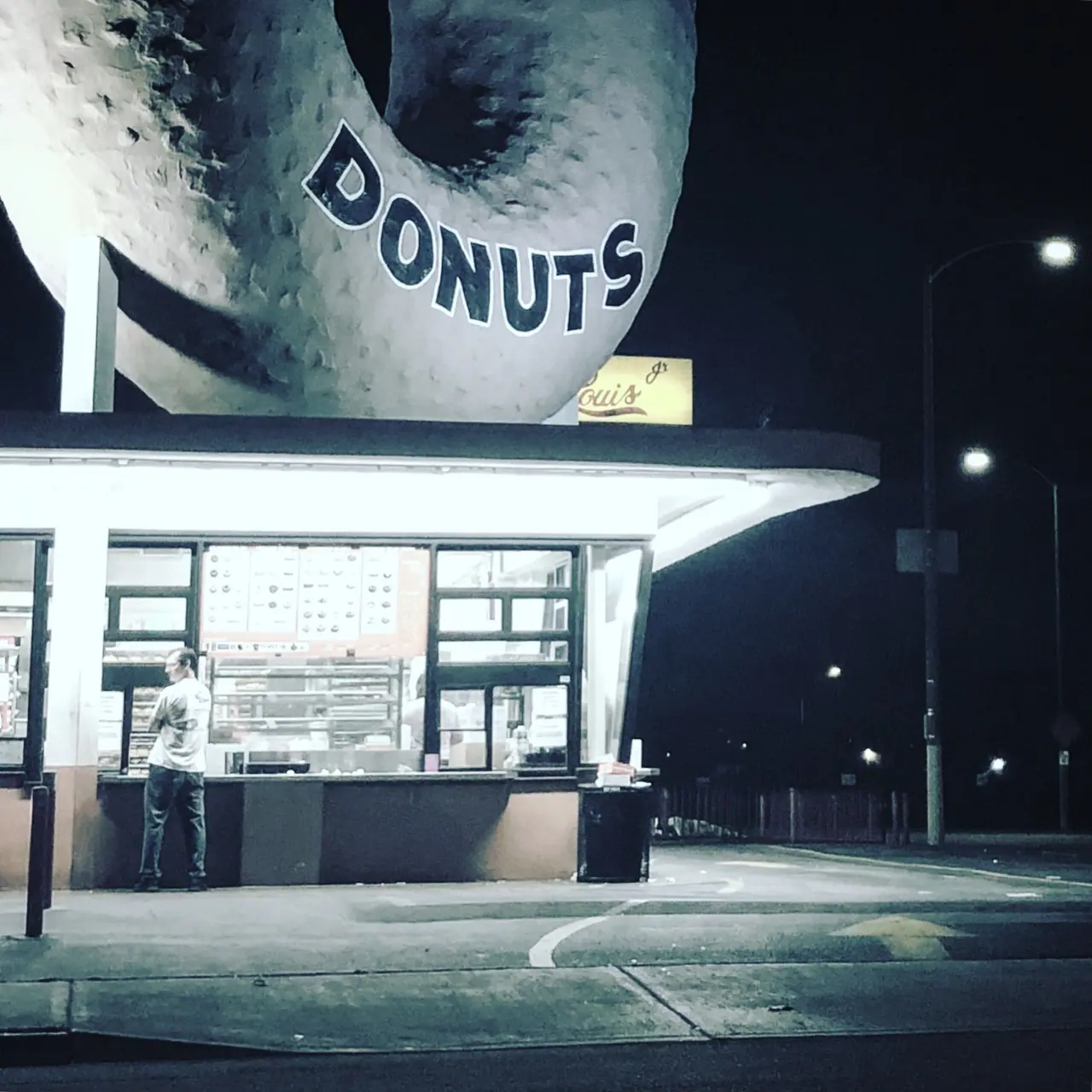 A late-night customer at Randy’s Donuts.