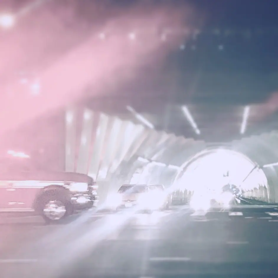 Traffic approaching daylight in the 2nd Street Tunnel.