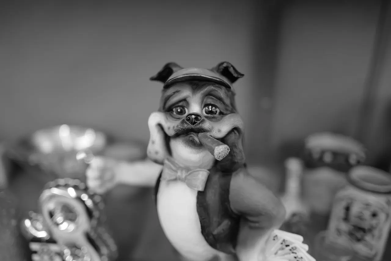 A ceramic dog figurine among secondhand objects.