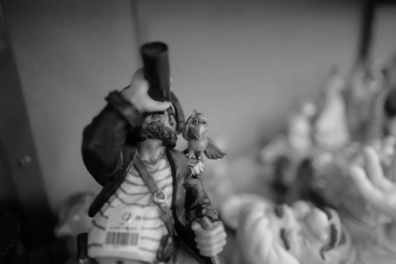 A pirate and parrot figurine among secondhand objects.