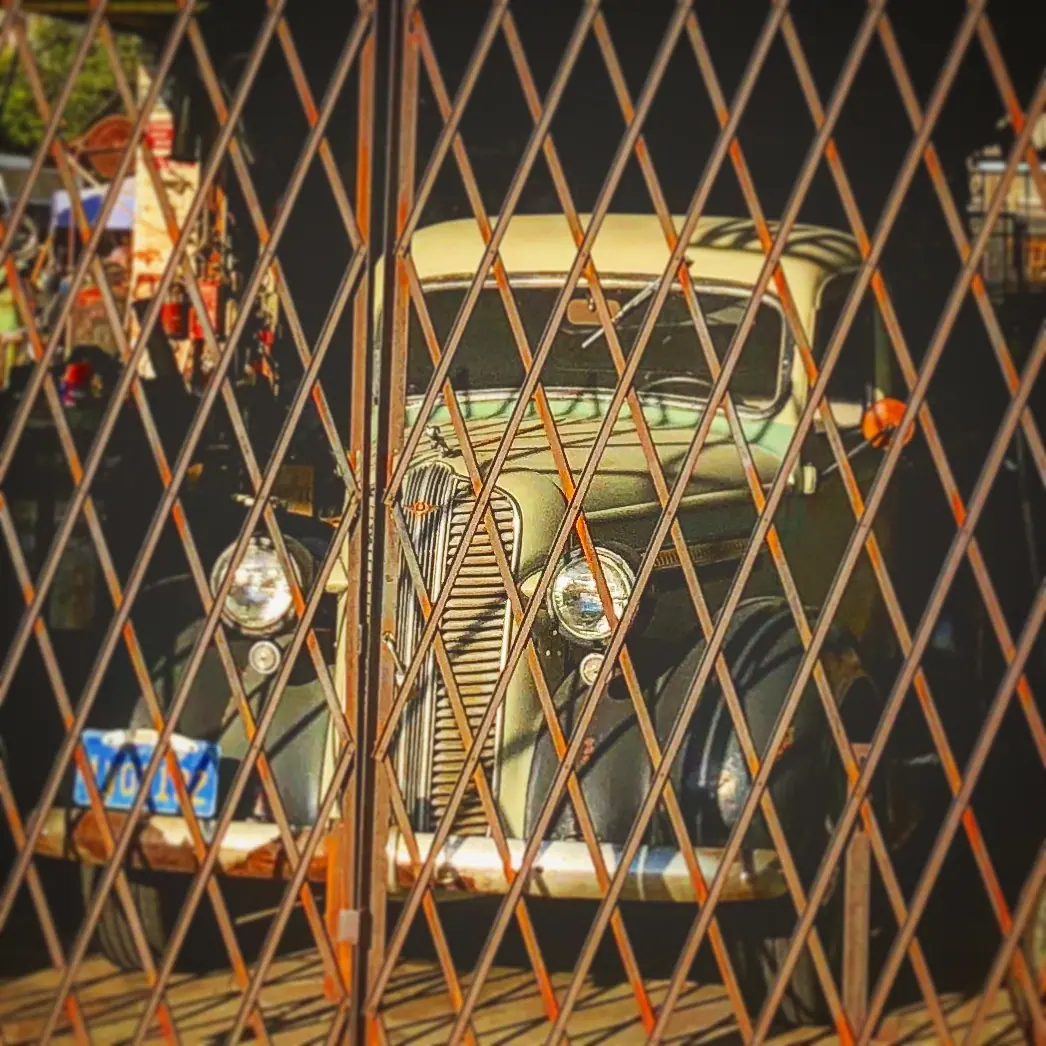 A vintage vehicle grille behind a folding security gate.