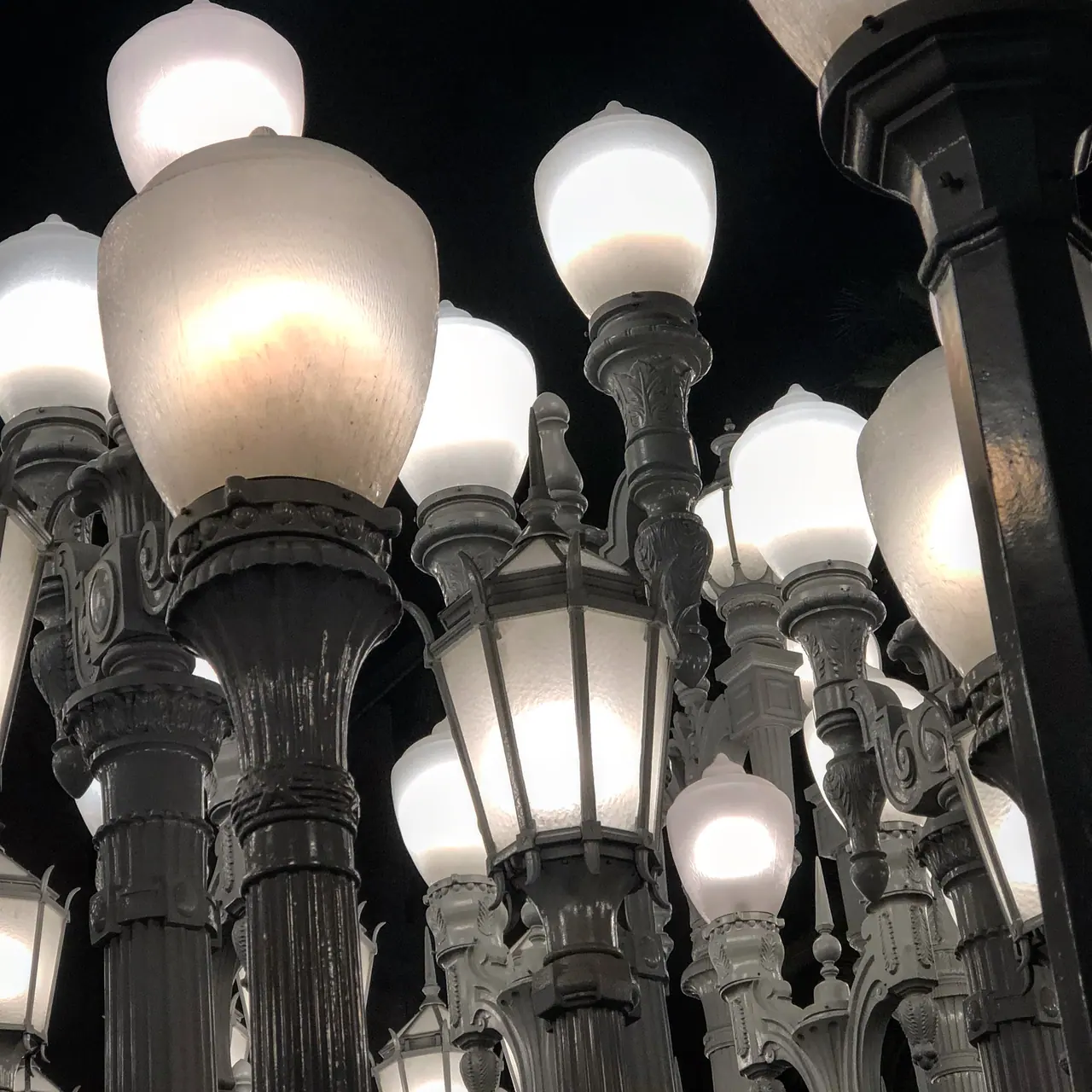 Illuminated street lamps at LACMA.