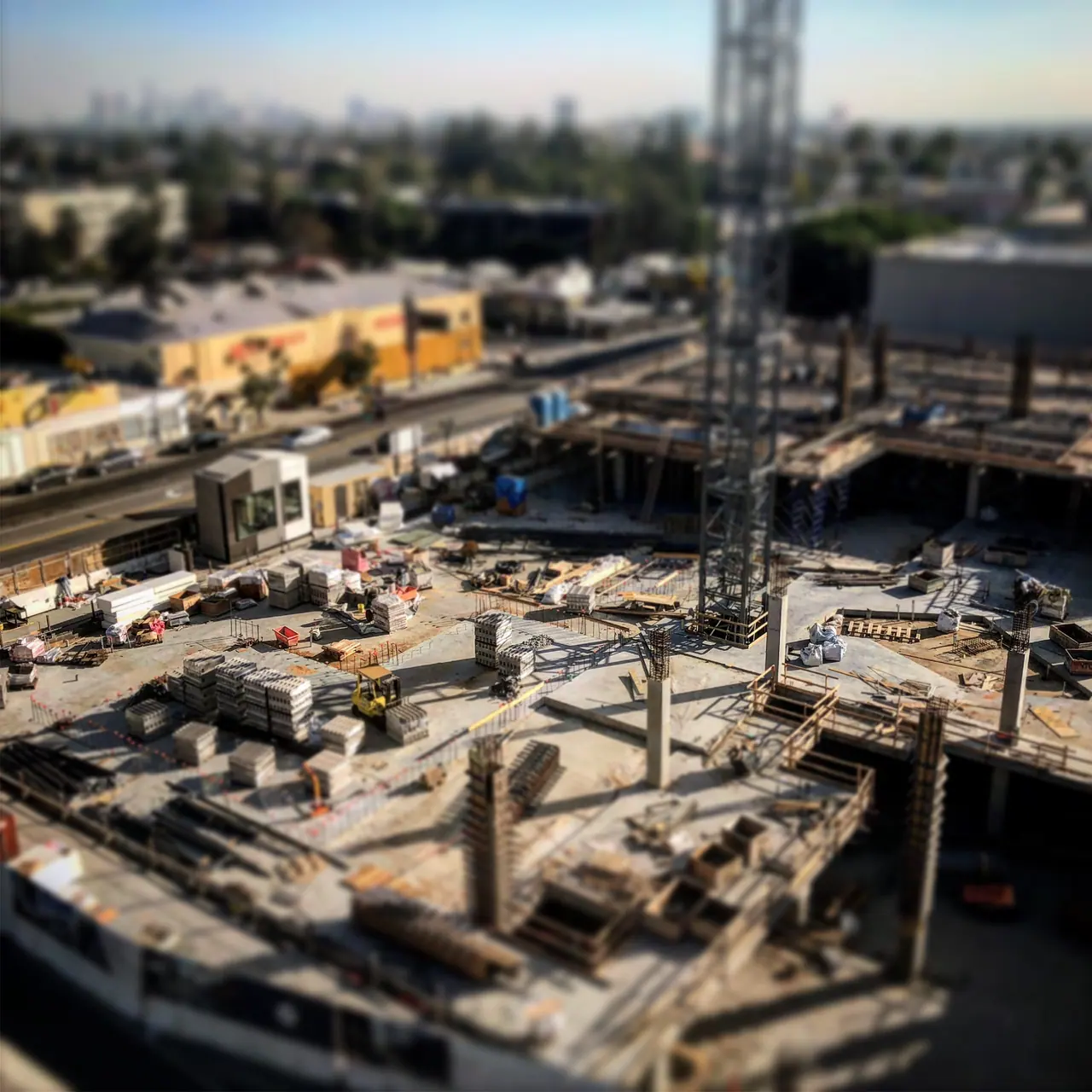 A construction site photographed with selective focus.
