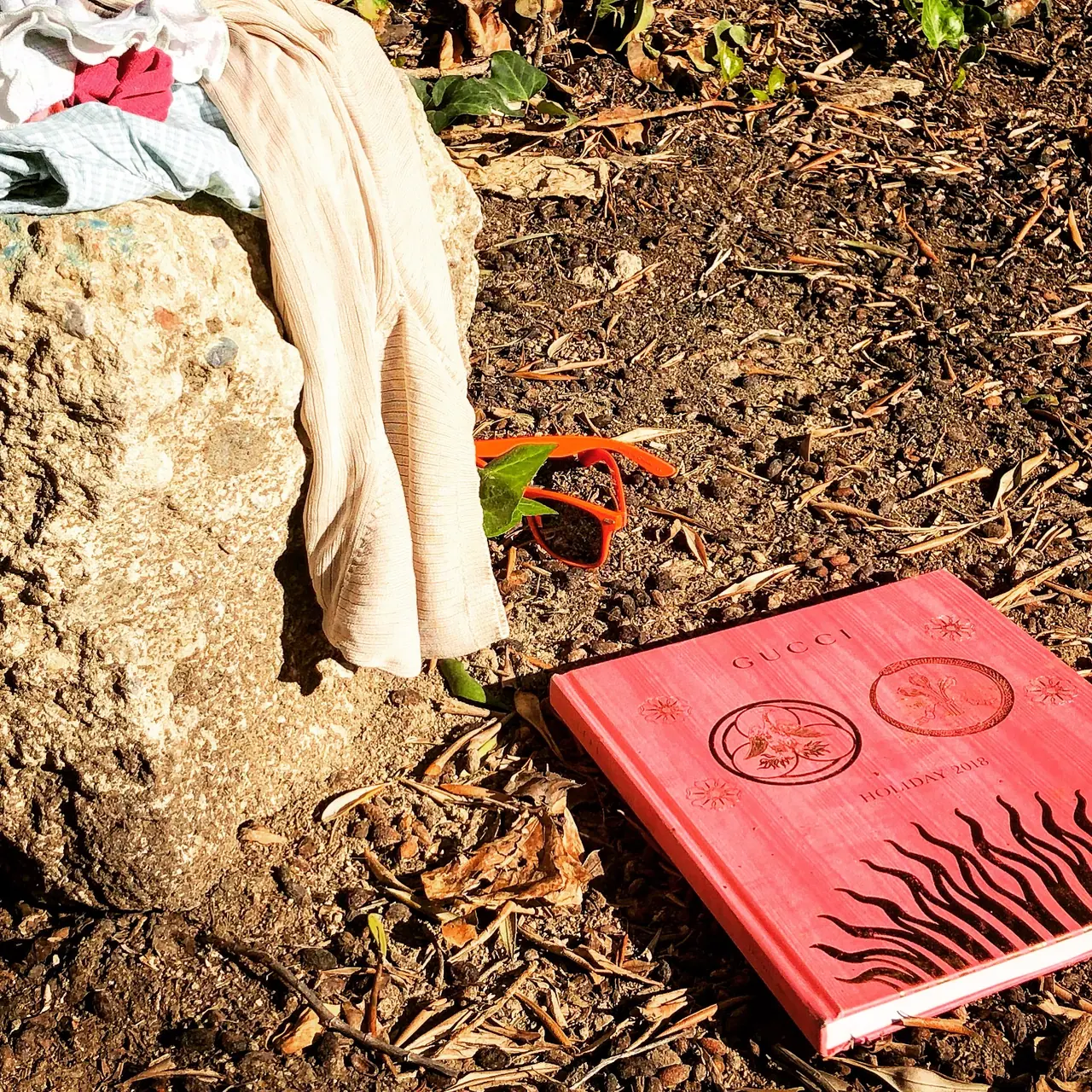 Fabric, sunglasses, and a red catalog resting on dry ground.